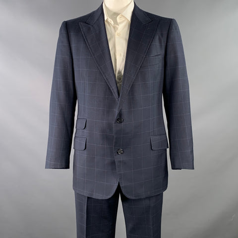 ASTOR & BLACK Size 44 Navy Blue Window Pane Single Breasted Peak Lapel Suit