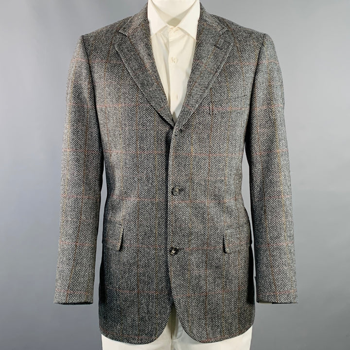 O'CONNELL'S Size 42 Long Grey Black Herringbone Wool Sport Coat
