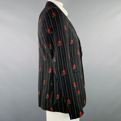 ALEXANDER MCQUEEN Size 42 Black Red Stripe Roses Wool Cotton Sport Coat