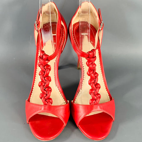 ALTUZARRA Size 7 Red Braided Ankle Strap Stiletto Sandals