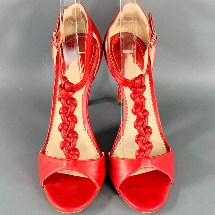 ALTUZARRA Size 7 Red Braided Ankle Strap Stiletto Sandals