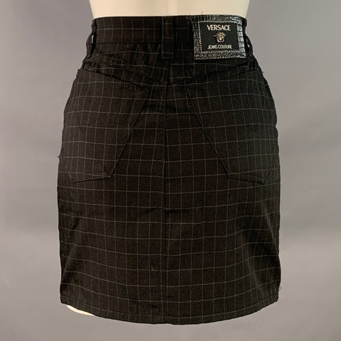 VERSACE JEANS Size 24 Black Grey Wool Blend Windowpane A-Line Mini Skirt
