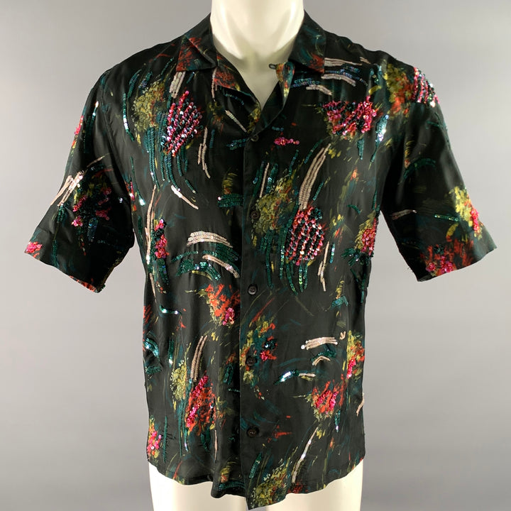 DRIES VAN NOTEN Size L Black Sequined Camp Short Sleeve Shirt