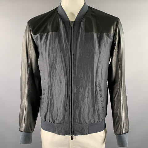FENDI Size 44 Black Navy Linen Silk Leather Bomber Jacket
