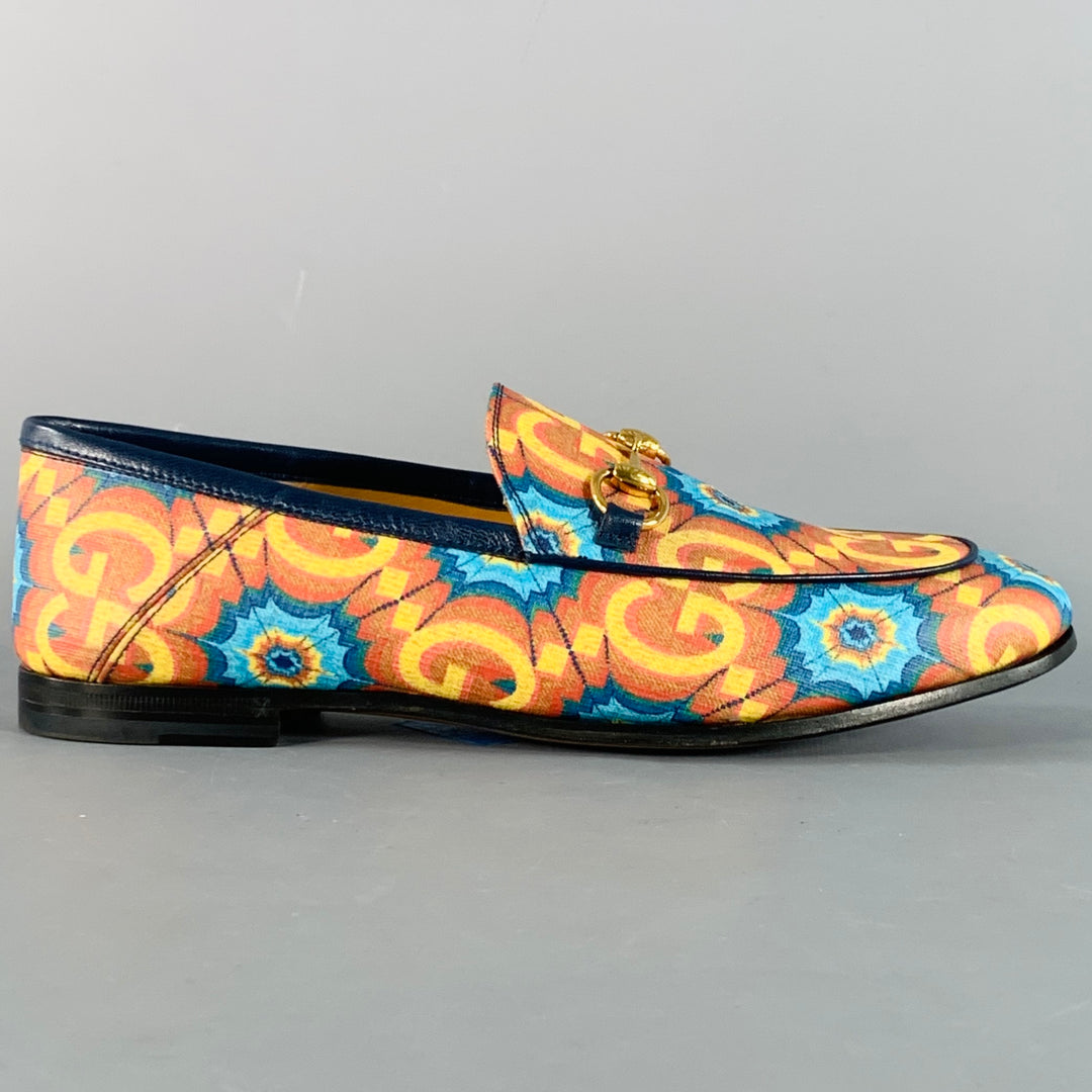 GUCCI Size 7 Orange Blue Coated Canvas Leather GG Print Horsebit Loafers Flats