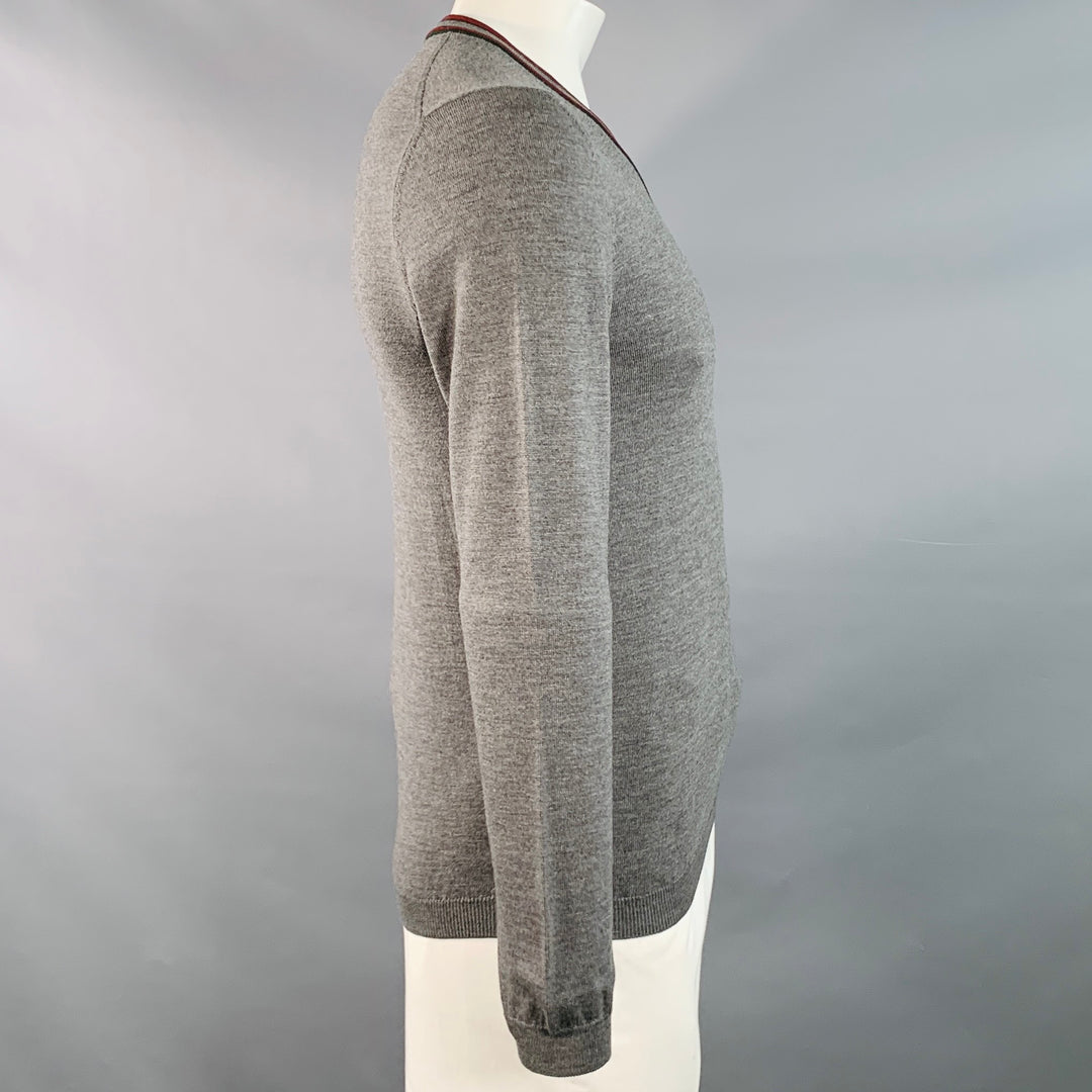 GUCCI Size L Grey Red Green Contrast Trim Wool V-Neck Pullover