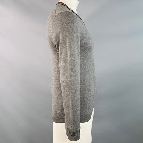 GUCCI Size L Grey Red Green Contrast Trim Wool V-Neck Pullover