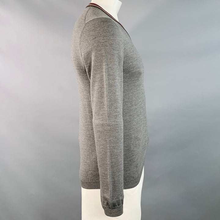 GUCCI Size L Grey Red Green Contrast Trim Wool V-Neck Pullover