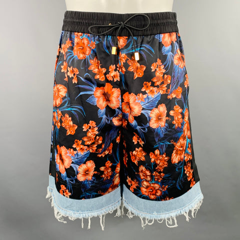FAUSTO PUGLISI Size 30 Black Blue Orange Floral Cotton Shorts