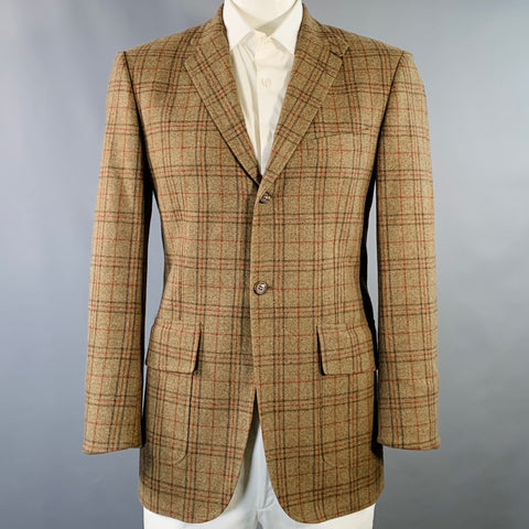 DUNHILL Size 42 Tan Red Plaid Wool Cashmere Notch Lapel Sport Coat