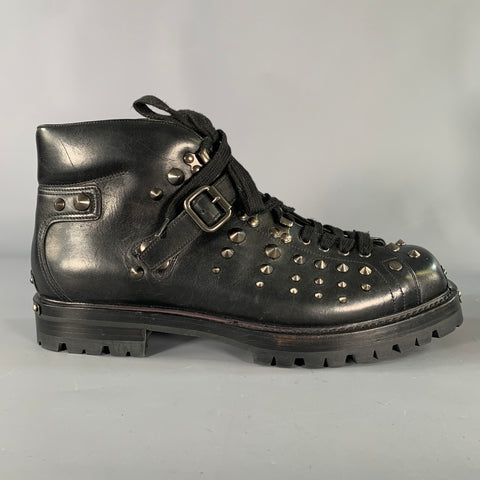 PRADA Size 12 Black Studded Leather Ankle Boots