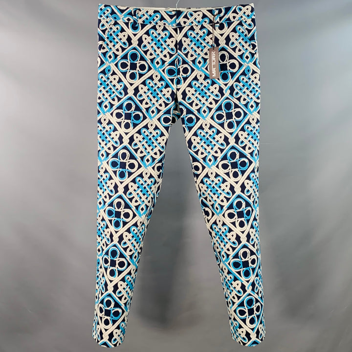 MR TURK Size 34 Clyde Navy Blue White Knots Cotton Blend Tapered Casual Pants