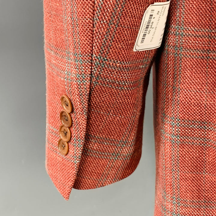 O'CONNELL'S Size 42 Long Blue & Raspberry Plaid Wool Linen Silk Sport Coat