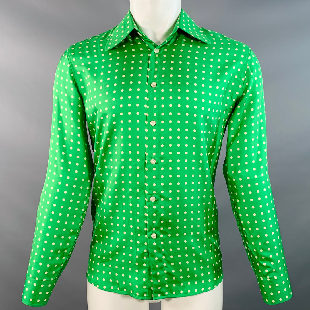 WALTER VAN BEIRENDONCK SS20 Size S Green Cream Polka Dot Silk Twill Long Sleeve Shirt