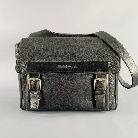 SALVATORE FERRAGAMO Black Pebble Grain Leather Double Buckle Messenger Bag