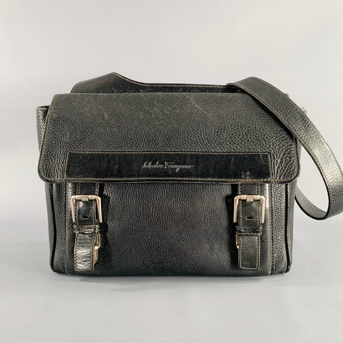 SALVATORE FERRAGAMO Black Pebble Grain Leather Double Buckle Messenger Bag