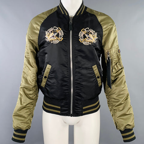 ALPHA INDUSTRIES Size S Beige Olive Yellow Embroidery Nylon Bomber Jacket