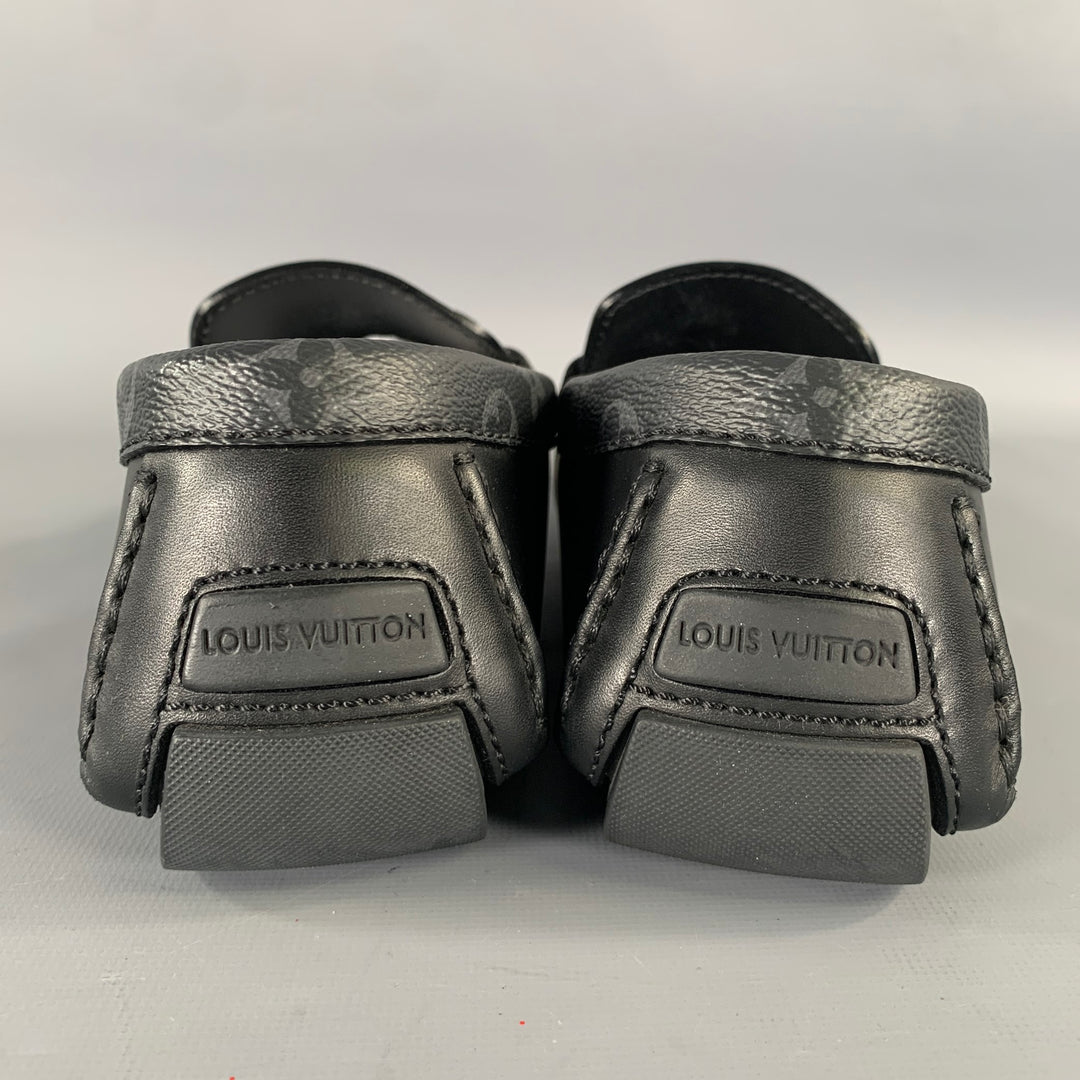 LOUIS VUITTON Size 7.5 Black Grey Logo Leather Loafers