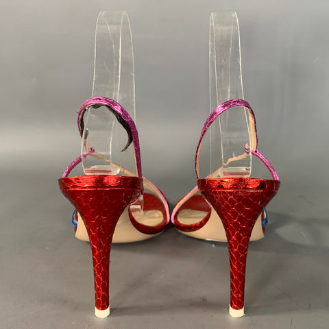 ATTICO Size 7 Red Multi Color Leather Snake Embossed Strappy Sandals