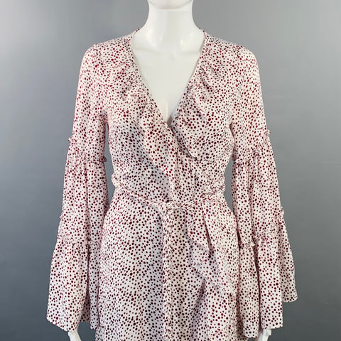 MISA Size XS White Burgundy Viscose Dots Ruffle Wrap Dress