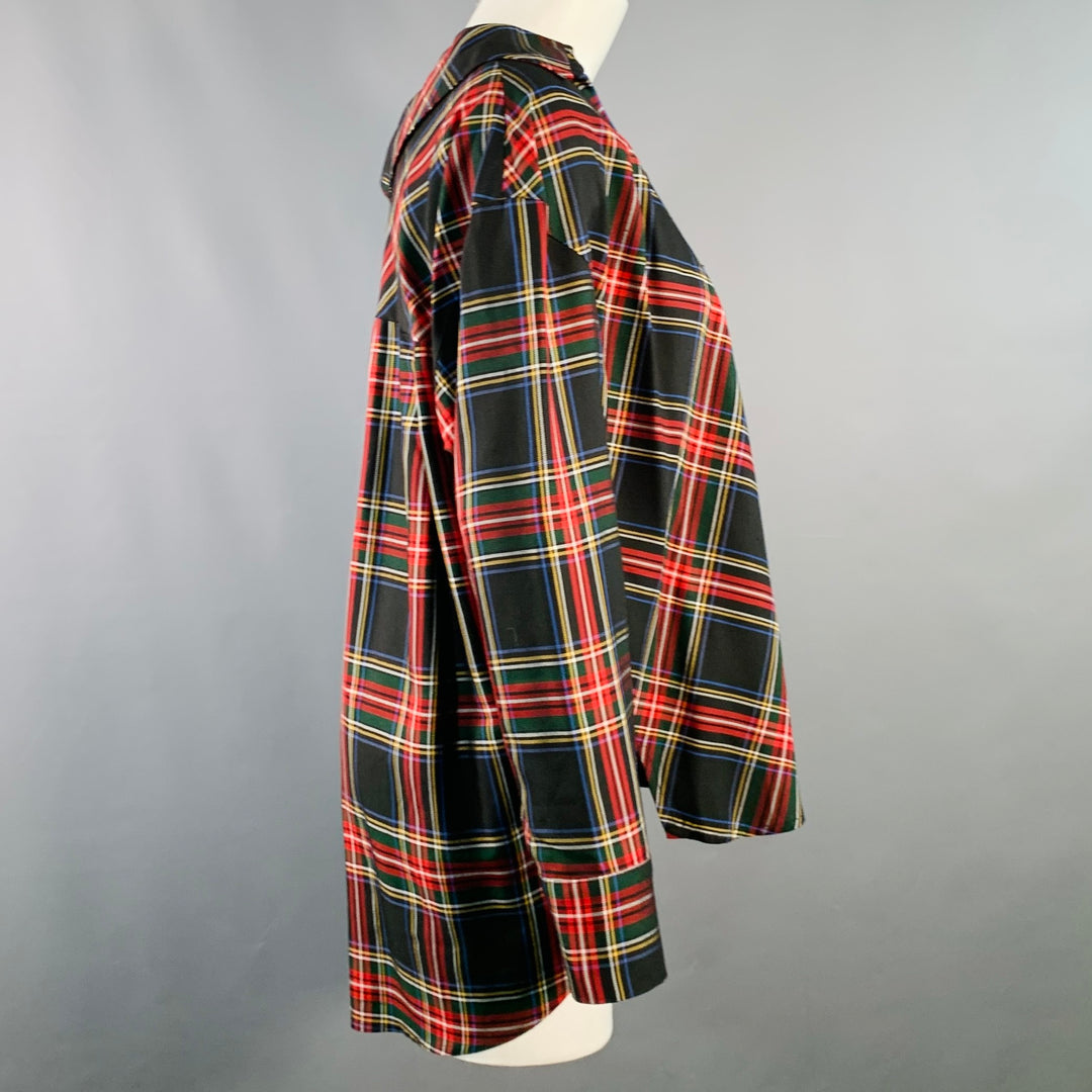 MAJE Size S Black Multi Color Acetate Blend Plaid Asymmetrical Casual Top