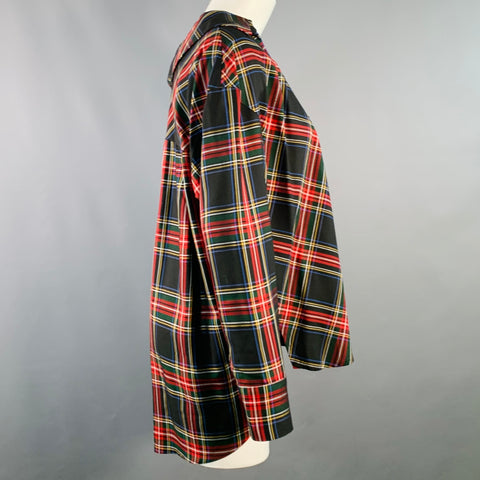 MAJE Size S Black Multi Color Acetate Blend Plaid Asymmetrical Casual Top