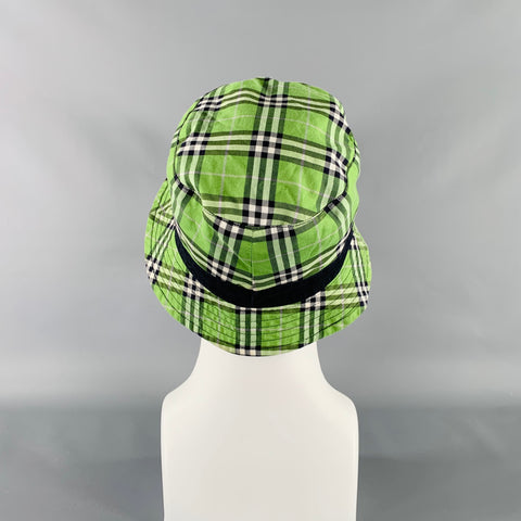 BURBERRY Green Navy Plaid Canvas Reversible Bucket Hat
