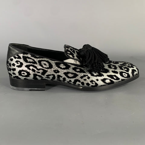 JIMMY CHOO Foxley Size 7 Silver Black Medusa Jacquard Tassels Loafers