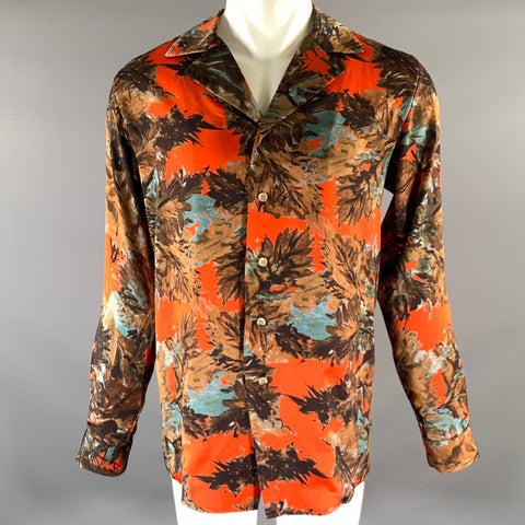 BED J.W. FORD Size S Orange Brown Blue Leaf Print Polyester Camp Collar Long Sleeve Shirt