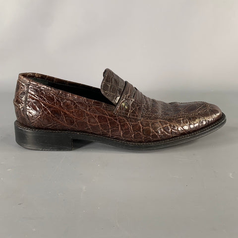 SALVATORE FERRAGAMO Size 8.5 Brown Embossed Leather Slip On Loafers