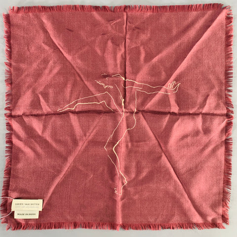 DRIES VAN NOTEN Burgundy Beige Dancing Man Silk Pocket Square