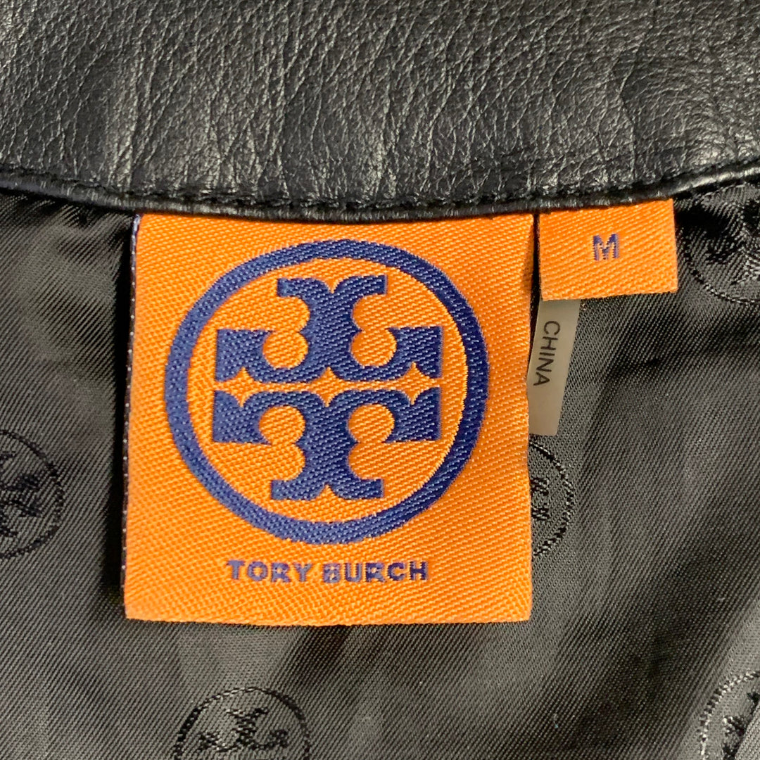 TORY BURCH Size M Black Leather Quilted Zip Up Jacket