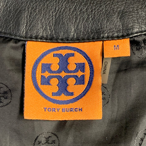 TORY BURCH Size M Black Leather Quilted Zip Up Jacket