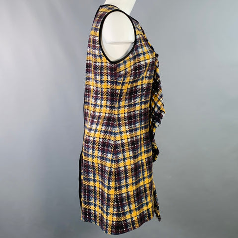 MSGM Size 8 Yellow Black Silver Wool Blend Plaid Ruffle Mini Dress