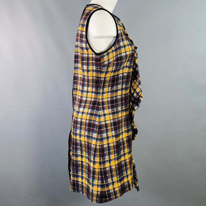 MSGM Size 8 Yellow Black Silver Wool Blend Plaid Ruffle Mini Dress