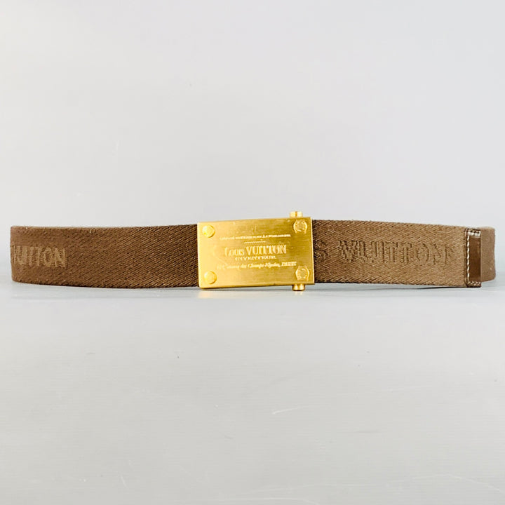 LOUIS VUITTON Size 40 Inventeur Brown Gold Logo Canvas Box Buckle Belt