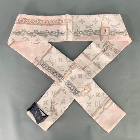 LOUIS VUITTON White Pink Chain Link Monogram Silk Scarf