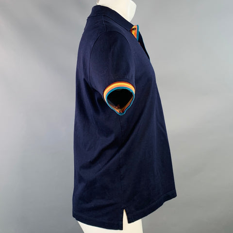 PAUL SMITH Size M Navy Multi Color Striped Trim Cotton Buttoned Polo