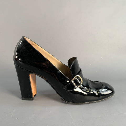 SALVATORE FERRAGAMO Size 9 Black Patent Leather Chunky heel Pumps