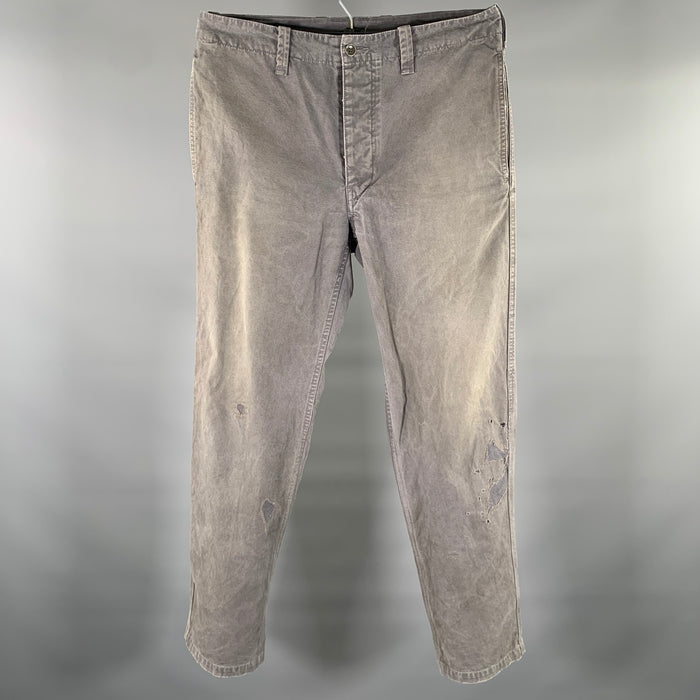 VISVIM Taille L Pantalon décontracté gris en coton vieilli avec braguette boutonnée