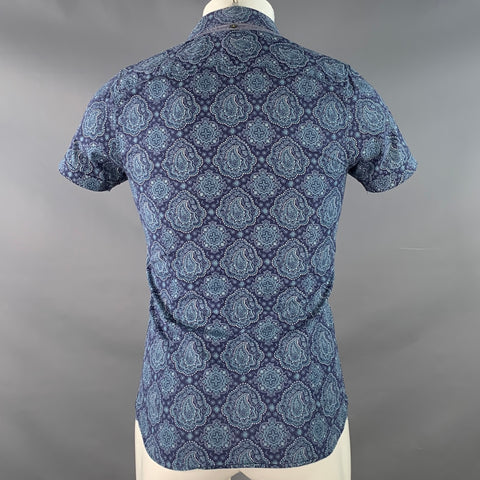 Chemise à manches courtes et col ouvert en coton imprimé cachemire bleu marine et vert TED BAKER Taille XS Bcrumbs