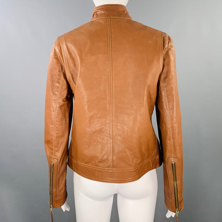 COACH Size 8 Brown Gold Leather Zip Pockets Jacket