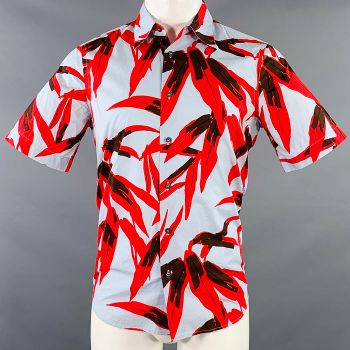 MARNI Size XS Blue Red Brown Leaves Cotton Button Up Short Sleeve Shirt