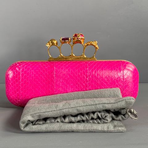 ALEXANDER MCQUEEN Gold Fuchsia Snake Skin Metal Clutch Handbag & Leather Goods