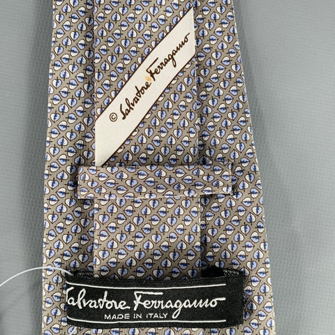 SALVATORE FERRAGAMO Grey Blue Leaves Silk Tie