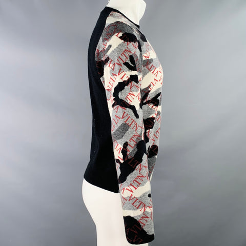 VALENTINO Size S Grey Black White Knit Camouflage Logo Cashmere Crew Neck Pullover