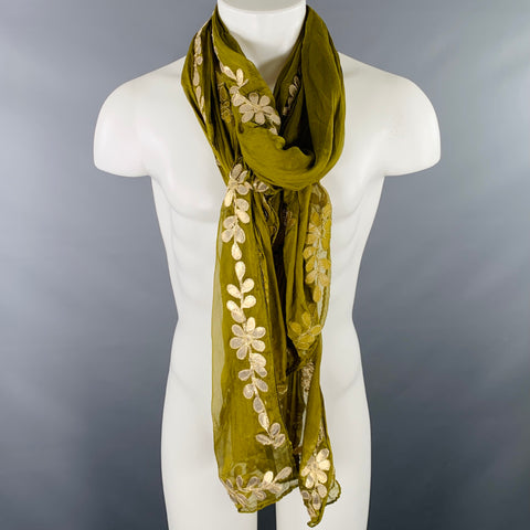 VINTAGE Green Gold Floral Embroidered Scarf