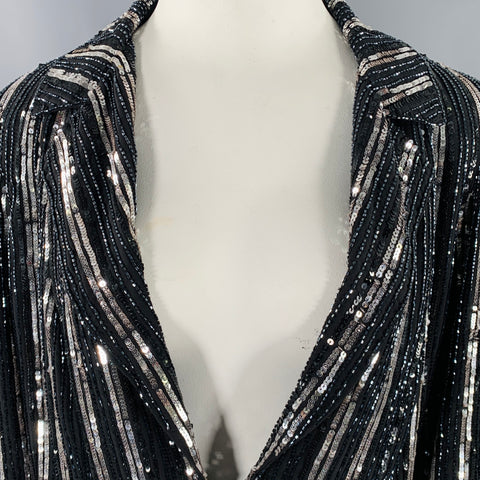 MARINA RINALDI Size 22 Black Silver Sequined Hook Eye Closure Coat