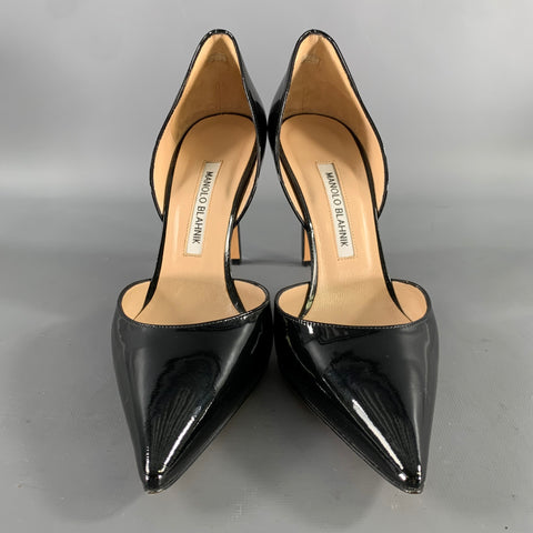MANOLO BLAHNIK Size 9.5 Black Patent Leather Two Tone Pointed Toe Pumps