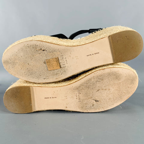 CELINE Size 7 Black Natural Leather Espadrille Sandals